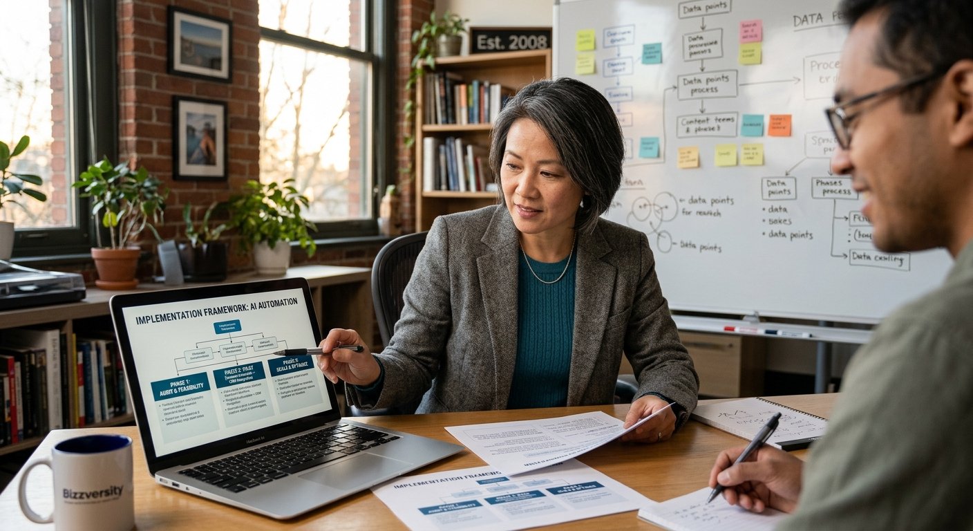 Small business owner reviewing an AI automation implementation framework with audit, pilot, and scale phases